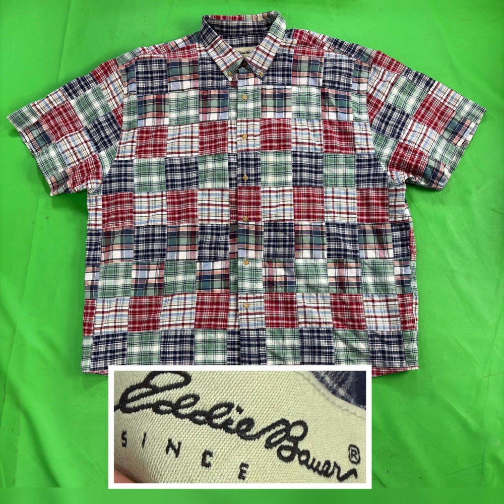 VTG 90s Eddie Bauer Patchwork Madras Plaid Shirt Mens 2XL/3XL Cotton Button Down